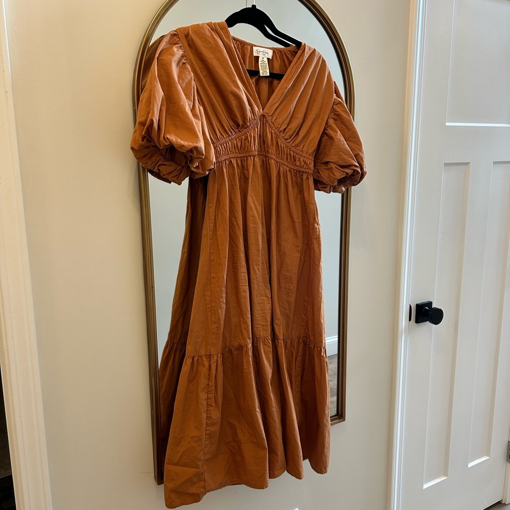 Terracotta Puff Sleeve Midi Dress